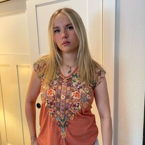 Johnny Was cap sleeve soft pumpkin color T-shirt with embroidery size small